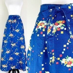 Vintage 70s Handmade Blue Floral A-Line Maxi Wrap Apron Skirt Pockets XXS XS